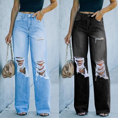 China QUICK DRY Women Casual Loose Ripped Straight Leg Pants High Waist Cutout Button Jeans Solid Color Water Wash Wide-Leg Plain Pants for sale