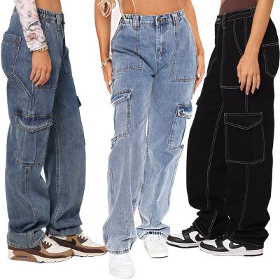 China New fashionable QUICK DRY high waist plus size women loose denim pants cargo bag straight loose jeans casual multi pant jeans for ladies for sale