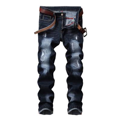 China New Style QUICK DRY Custom Made Mens Dark Blue Ripped Jeans Fashion Straight Leg Skinny Mens Jeans for sale