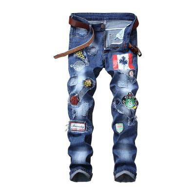 China Mens QUICK DRY Wholesale Biker Leg Streetwear Hip Hop Slim Fit Straight Jeans Ripped Jogger Jeans Embroidery Patch Badge Man Denim Pants for sale