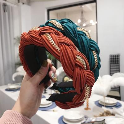 China 2021 lady fabric fashion color headband twist chain braid personality solid side knotted wide edge Korean wide headband for sale