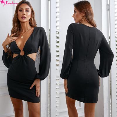 China 2022 Washable High Quality Women Clothes Club Wear V-neck Cutout Long Sleeve Bodycon Mini Dress for sale