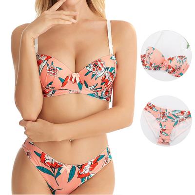 China Hot Stylish Eco-Friendly Ladies Girls Wire Floral Print Push Up 1/2 Cup Womens Underwear Pink Lingerie Bra And Panty Set for sale