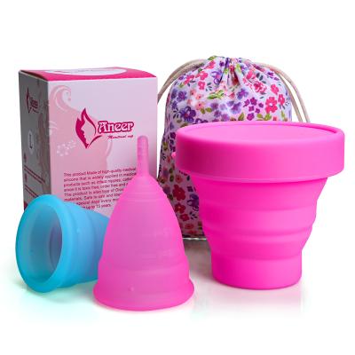 China Hot Selling 100% Medical Grade Silicone Collapsible Menstrual Cup With Carry Case And Sterilizer Cup Reusable Period Cups for sale