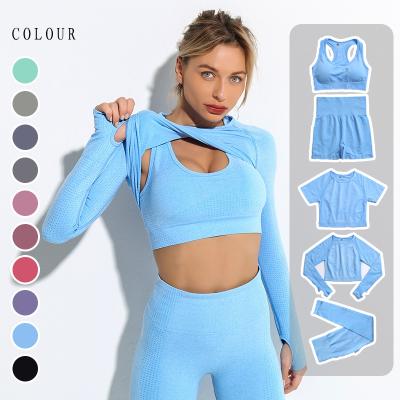 China Wholesale Breathable Fitness Yoga Sport Wear 5PCS Workout Yoga Set Seamless Gym Shorts / Long Sleeve Crop Top Leggings Sports Suit for sale