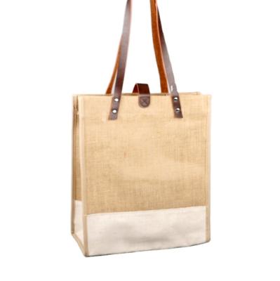 China Lady Popular Fashion High Quality Large Jute Linen Tote Bags With Logo Printed Summer Beach Bag Custom Made With Leather Handle for sale