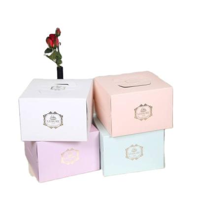 China Recycled Solid Materials Custom Logo Square Pattern Cake Box Paper Bag Gift Wide Wide Bottom Folding Bags With Handles for sale