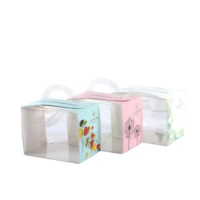 China Pink Custom Self-automatic Cake Wrapping Paper Bakery Baking Boxes Packaging Transparent Dessert Boxes with Handle for Portable Cake Case for sale