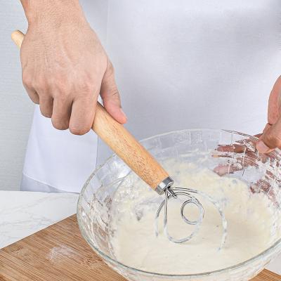 China Sustainable Kitchen Tools Wooden Stainless Steel Egg Flour Hand Mixer Handmade Dessert Wooden Backery DIY Pizza Bread Baking Mixer for sale