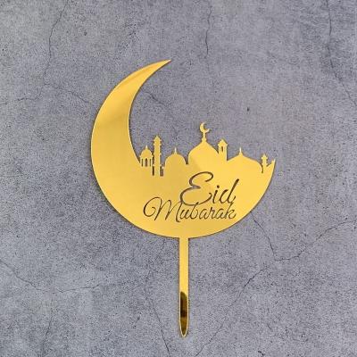 China Muslim Party Decor Eid Mubarak Cake Topper Acrylic Ramadan Mubarak Cake Moon Shape Gold Black Party Decoration Hot Sale Viable for sale