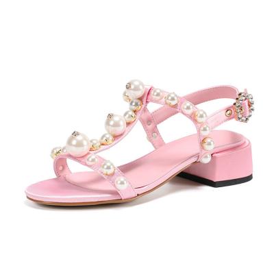 China American Lady Soft Sandal Pearl Style Fashion Trend Design Low Heel Lady Sandal Breathable Luxury Brand Pink Sandal for sale