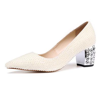 China Fashion Design Light Diamonds With Pearl Heel Lady Pump Shoes Rubber Premium Genuine Leather Lady Square Heel Shoes for sale