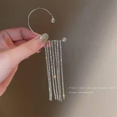 China Wholesale 1PC Shiny Polished Trendy Bling Korean High Zircon Full Tassel Earrings Cuff for sale