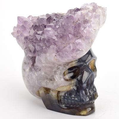 China China Realistic Antique Hand Carved Natural Agate Gedoe Amethyst Quartz Crystal Cluster Skull for sale