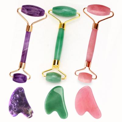 China In Package Gift Box High Quality Anti Aging Nephrite Stone Real Jade 2021 Pink Rose Quartz Gua Sha Massage Set Natural Jade Roller For Face for sale