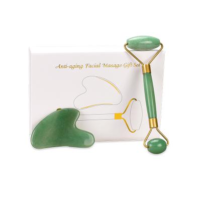 China Wholesale Face Dual Head Massager Facial Rollers Copper Frame For Skin Care Green Aventurine Jade Roller Gua Sha for sale