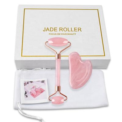 China High Quality Real Jade In Gift Box Package Dropshipping High Quality Natural Crystal Rose Quartz Guasha Massage Jade Facial Roller for sale