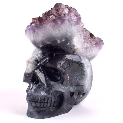 China Wholesale Europe Natural Ore Semi Precious Stone Hand Carved Realistic Agate Amethyst Crystal Skull Geode for sale