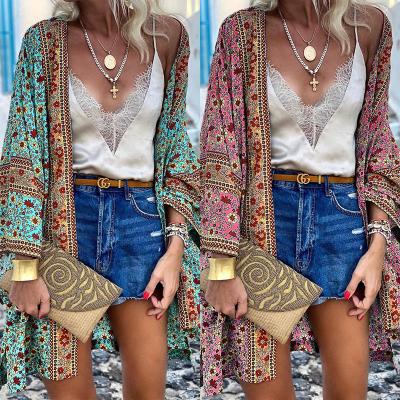 China Loose Bohemian Long Sleeve Printed Mid Length Anti-pilling Cardigan for sale