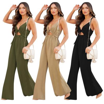 China 2021 Summer European and American anti-pilling casual overalls solid color ladies wide-leg sleeveless pants for sale