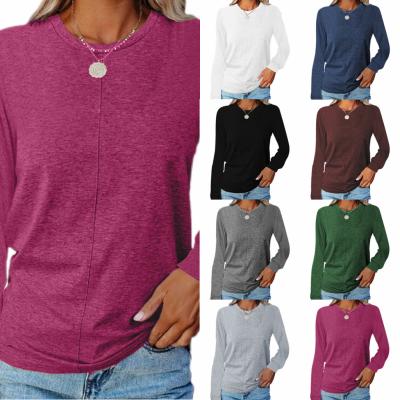 China Anti-wrinkle European and American women's new style women's blouse, round neck solid color long-sleeved T-shirt for sale