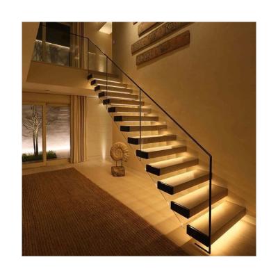 China Stringer Wooden Floating Staircase Tempered Modern Invisible Glass Panel Floating Staircase with Glass Railing for sale