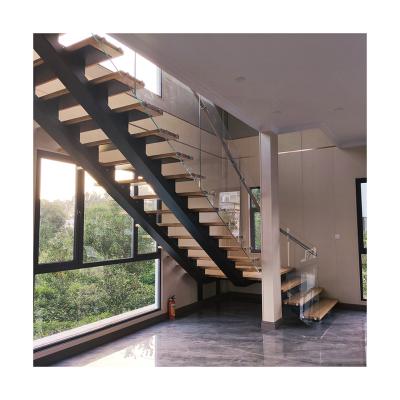 China Double Stringer Steel Wood Stairs Modern High Strength Commercial Staircase With Glass Fence Building Style for sale