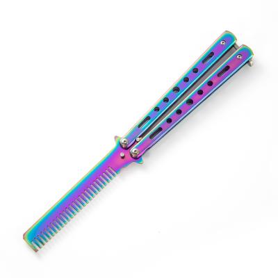 China Custom Blade Non-Variable Titanium Coated Rainbow Folding Blade Pocket Butterfly Comb Swing Knife Balisong Trainer EDC Tactical Knife for sale