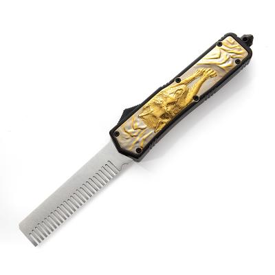 China Wolf 3D Printing OTF Stainless Steel Blade Comb Self-Defense Pocket Knife Non-variable Gold Folding Tactical Comb For Hair Mustache for sale