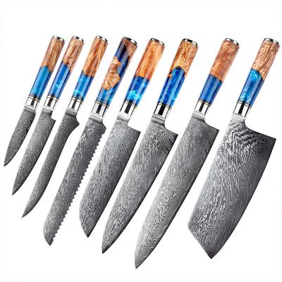 China Viable VG10 Damascus 67 Layers Ultra Sharp Japanese Chef Knife Gyuto Kitchen Knife Set Blue Resin Wood Handle Cooking Tool Cutlery Set for sale