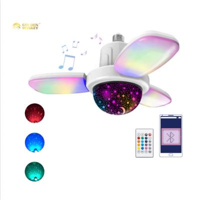 China Modern Warp Music Lamp 3 Leaves Folding Blue Laxy Starry Fan Tooth Speaker E27 GA Bulb Projector Light With Remote Control for sale