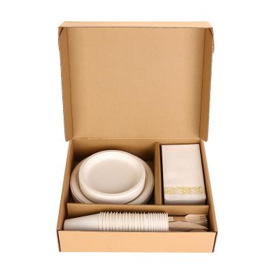 China disposable dinnerware set including sugarcane plate, wooden cutlery set, napkin, sugarcane cups for sale