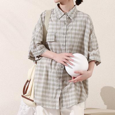 China Wholesale New Design Casual Style Long Grid Lady Woman Anti-pilling Shirt Blouse Simple Girl Clothing for sale