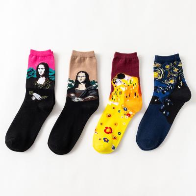 China Custom Funny QUICK DRY Jacquard Oil Painting Design Happy Happy Crew Socks Colorful Men Socks Cotton Soft Couples Socks for sale