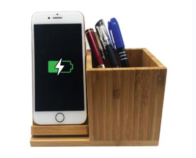 China Eco-friendly Bamboo Wooden Pen Holder Phone Stand 15W Mobile Phone Desktop Organizer Fast Wireless Charger for sale