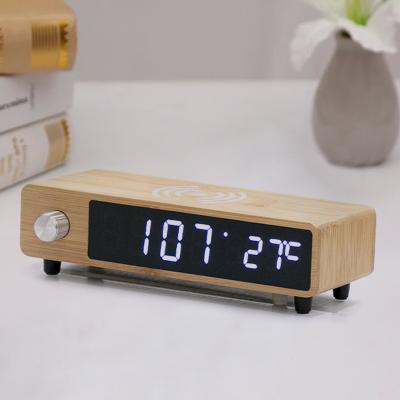 China Mobile Phone Temperature Time Display Electronic Wooden Desktop LED Digital Alarm Clock 10W Fast Wireless Charger For Iphone Phone for sale