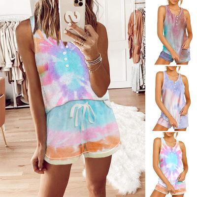 China QUICK DRY Women Tie Dye Printed Short Pajama Set Crewneck Long Sleeve Hoodie And Ruffle PJ Shorts Set Loungewear Sleepwear for sale