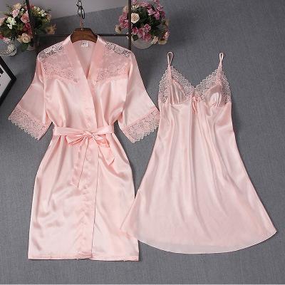 China Floral Satin Cami Pajama Set QUICK DRY Women's 2pcs Sleepwear Lace Trim Set with Long Robe for sale