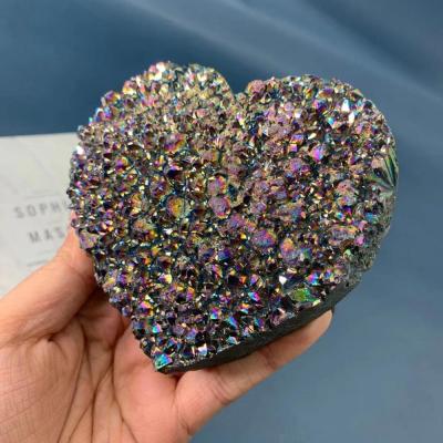 China New Europe Aura Crystal Crafts Heart Geode Quartz Cluster Natural Crystal Stone Gemstone Cluster For Treasure Gifts for sale