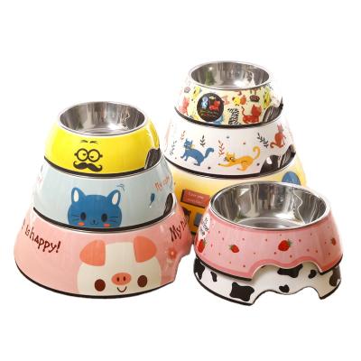 China Amazon Goods Non-automatic Hot Selling Portable Stainless Steel Dog Bowl Printing Cartoon Dog Dish Pet Feeding Bowl Small Large Dog for sale