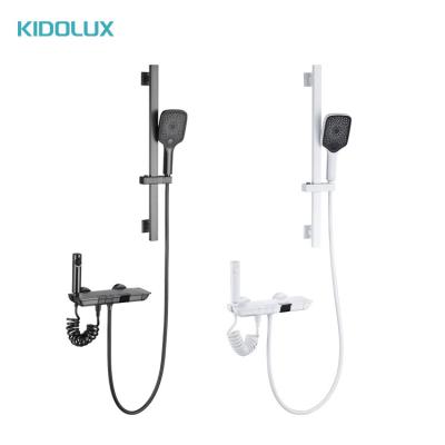 China With Slide Bar Kidolux Luxury Brass Shower Valve Square Shower set Bathroom Wall Mounted Wholesale Brushed Grey Thermostatic Shower Faucet for sale