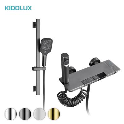 China With Slide Bar Kidolux Luxury Grey Brass Rainfall Thermostatic Bathroom Shower Set Mixer Tap Faucet Digital Bath Shower System Set Thermostatic for sale