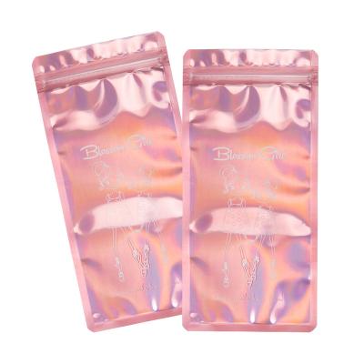 China Recyclable Custom Printed Holographic Mylar Zipper Packaging Pink Laser Flat Bottom Aluminum Foil Rainbow Effect Bags for sale