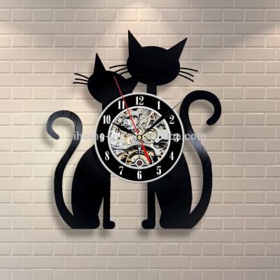 China Creative Luxury Digital Art Wall Clock Vinyl Record Wall Clock Reloj Metal with 2 Lovely Cats for Home Decor Large Modern for sale