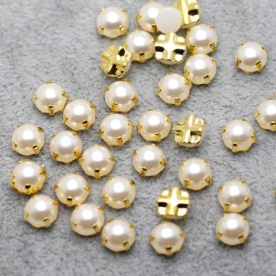 China Flatback 7mm S Silver Gold Plating Pearl Color Rhinestone Beads, Sew On Rhinestones For Garment Jewelry Sew On Beads With 4 Holes for sale