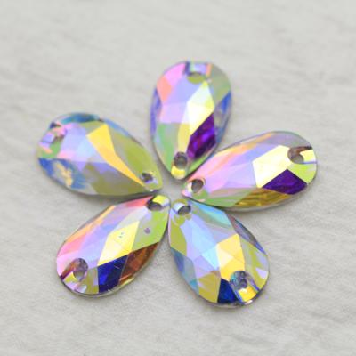 China Flatback 10.5x18mm Waterdrop sew on crystal color Flatback rhinestones ab with 2 holes for DIY sewing on clothes decoration for sale