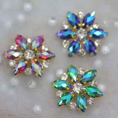 China Flatback 3.0cm colorful rhinestone applique with gold base sew on rhinestone flatback with holes dance party dress decoration for sale