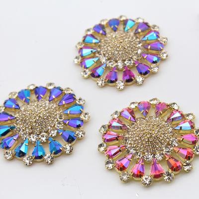 China Flatback 6cm Round Rhinestone Colorful Applique With Gold Rhinestone Brooch Bottom Buttons For Shoes Bags Dance Dress Decoration for sale