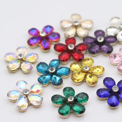 China Colorful Flatback Drop Flower Shape Sew On Rhinestone Applique With Gold Base Crystal DIY Glass Jewelry Apparel Decoration for sale