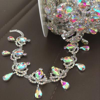 China Flatback Top-grade ab Rhinestone Cup Chain Waterdrop Tassel S Shape Silver Base Crystal Trim ab Sew On Rhinestones DIY for sale